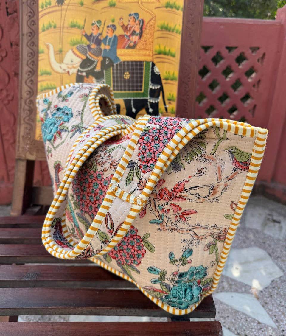 Bird Print Cotton Quilted Bag Women's Shoulder Bag Beach Bag