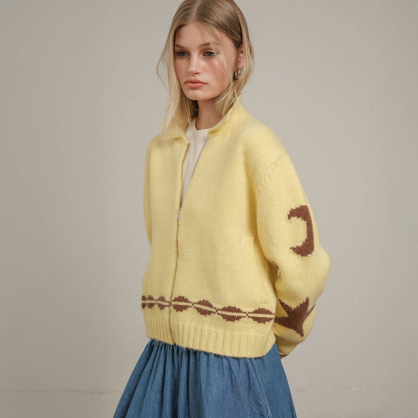 Cozy Pattern Zip Sweater