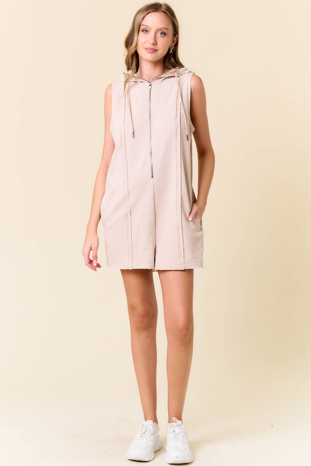 French Terry Zip-Front Sleeveless Hooded Romper