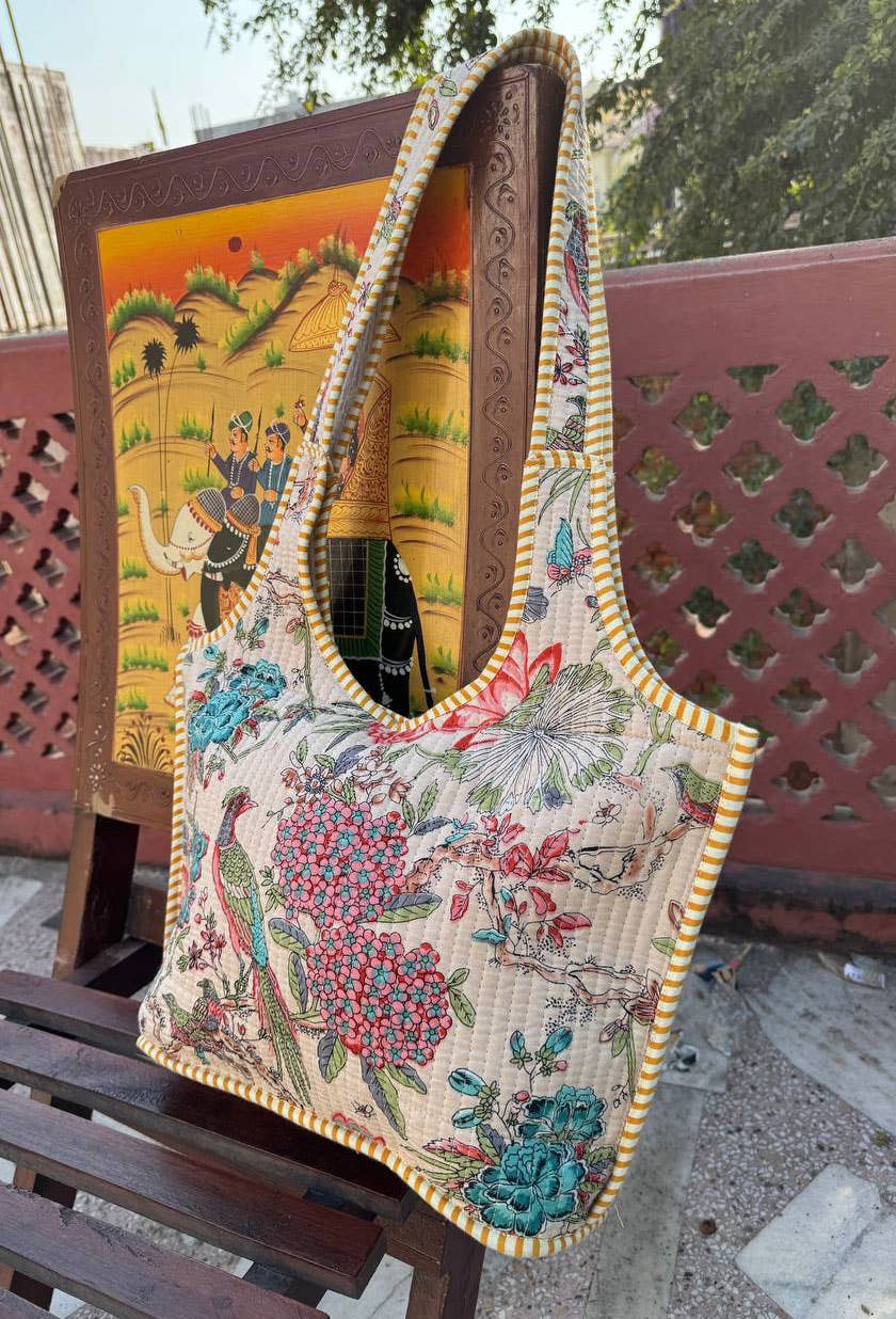 Bird Print Cotton Quilted Bag Women's Shoulder Bag Beach Bag