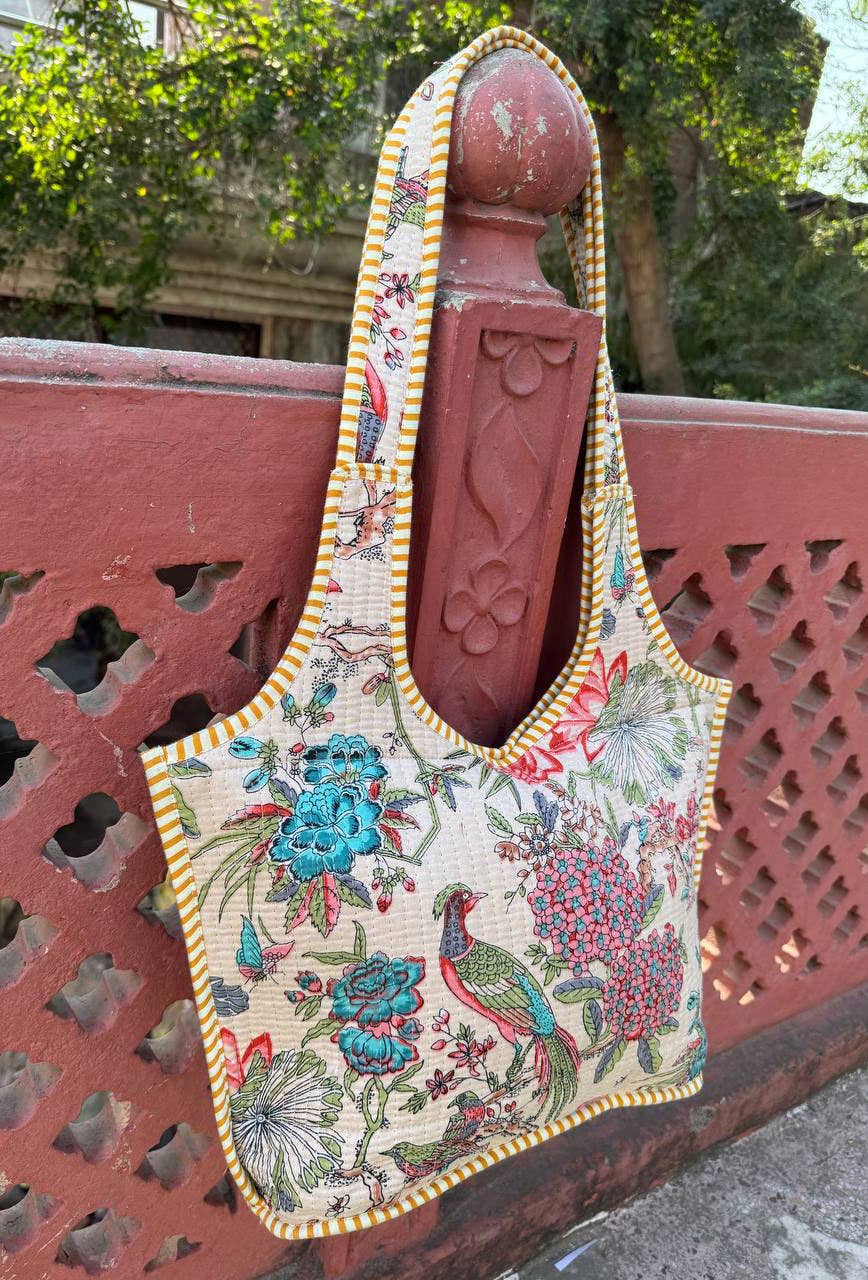 Bird Print Cotton Quilted Bag Women's Shoulder Bag Beach Bag