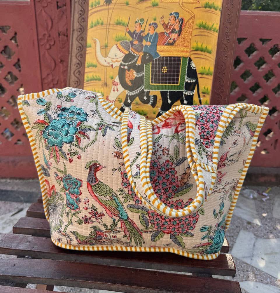 Bird Print Cotton Quilted Bag Women's Shoulder Bag Beach Bag