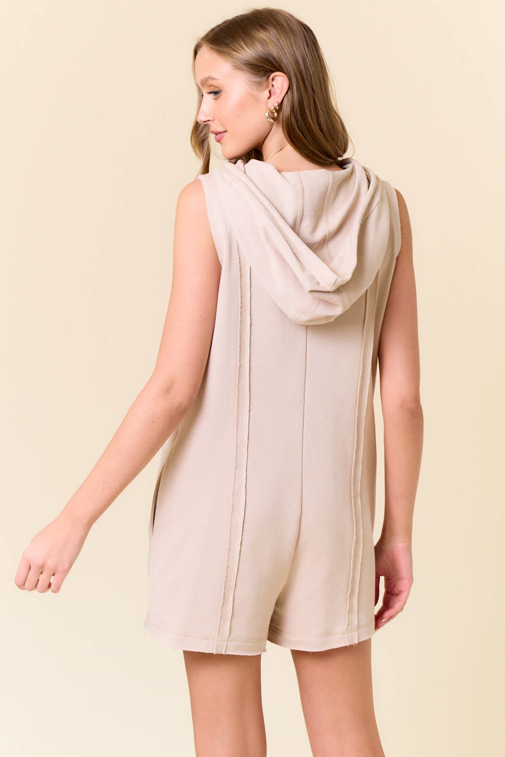 French Terry Zip-Front Sleeveless Hooded Romper