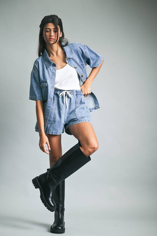 Drawstring Denim Shorts