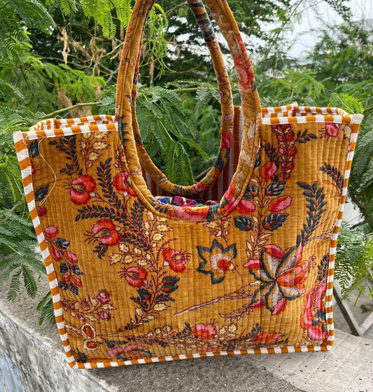 Floral Print Velvet Tote Bag Quilted