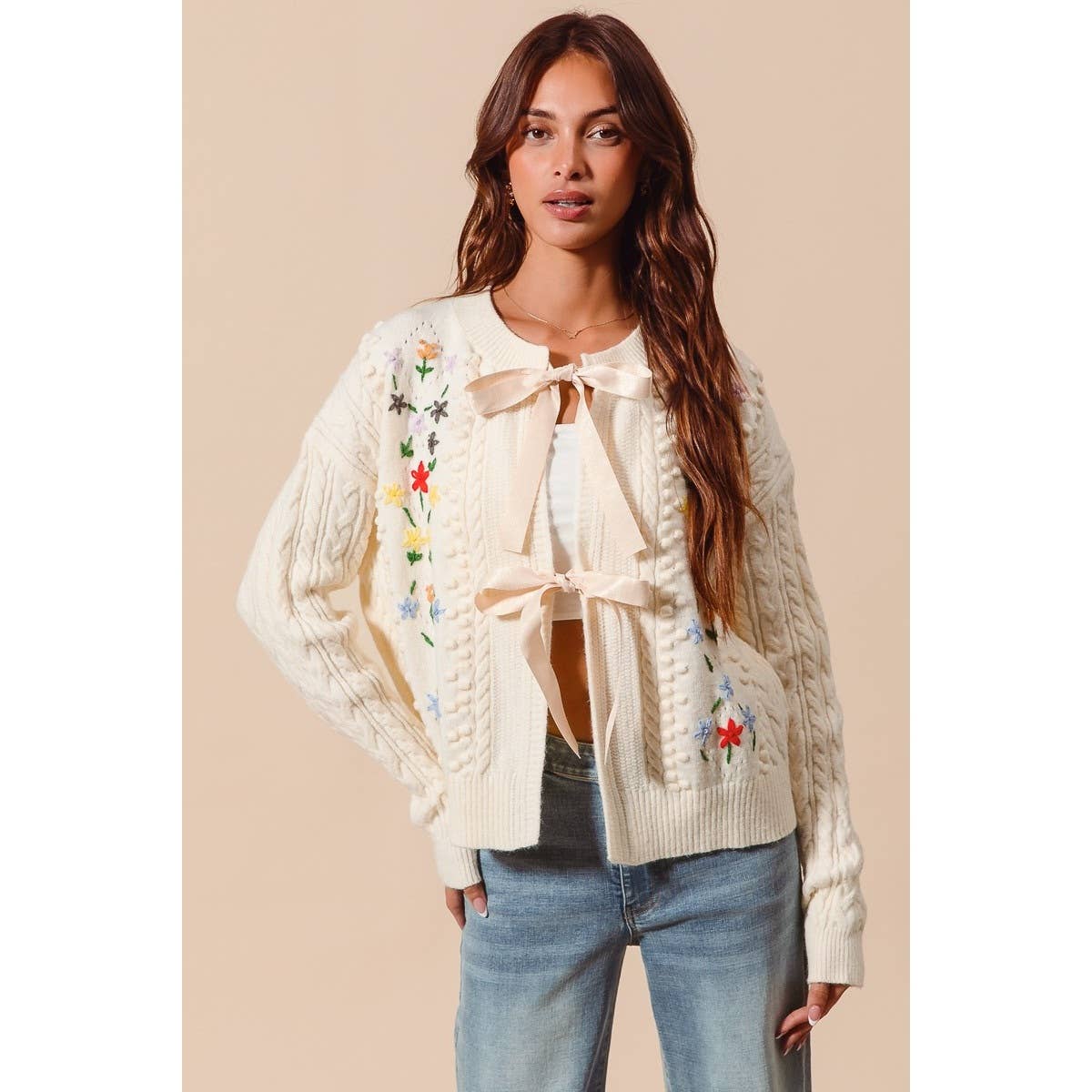 FLORAL EMBROIDERED CABLE KNIT SWEATER CARDIGAN