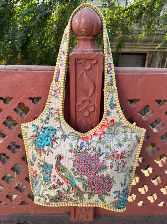 Bird Print Cotton Quilted Bag Women's Shoulder Bag Beach Bag